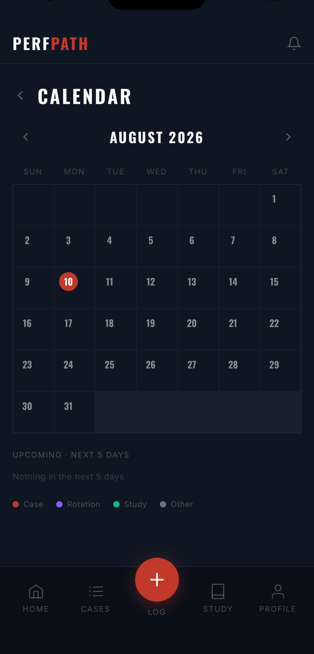 PerfPath Calendar — August 2026 view