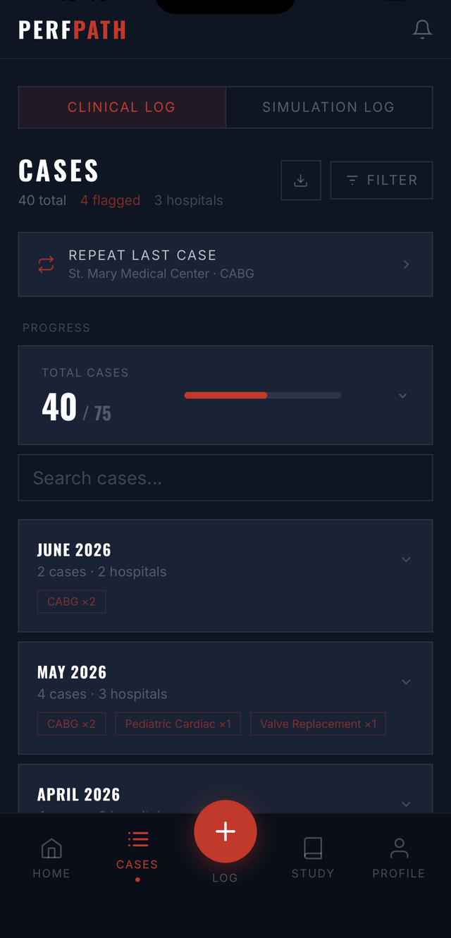 PerfPath Clinical Log — 40 cases logged, progress toward the 75-case minimum